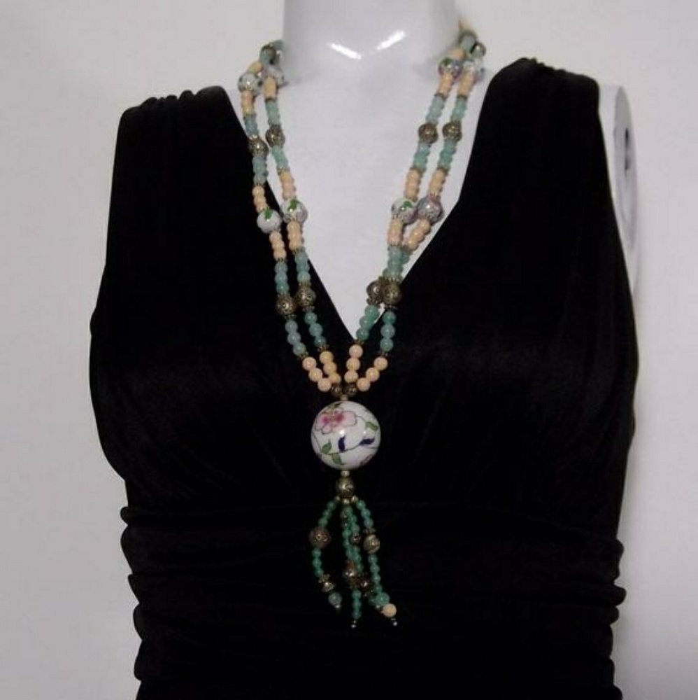 Vintage Cloisonné enamel jade pink cortz necklace Double Strand Tassel